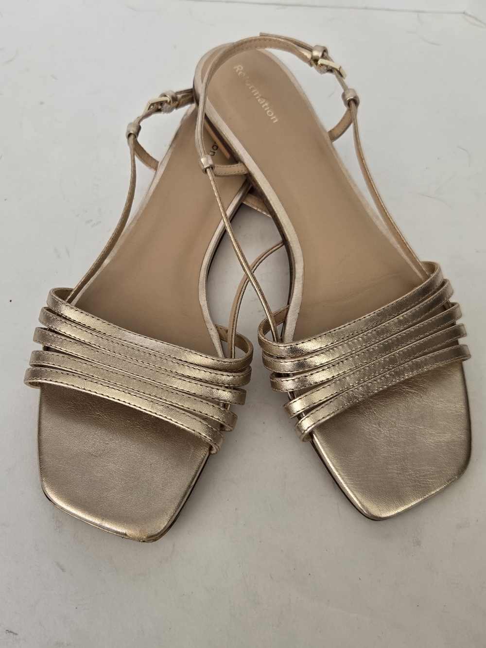 Reformation Metallic Gold Multi-Strap Square-Toe Slingback Sandals Eleonora